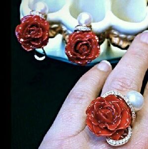 Rose Ring & Earrings w/ Pearls